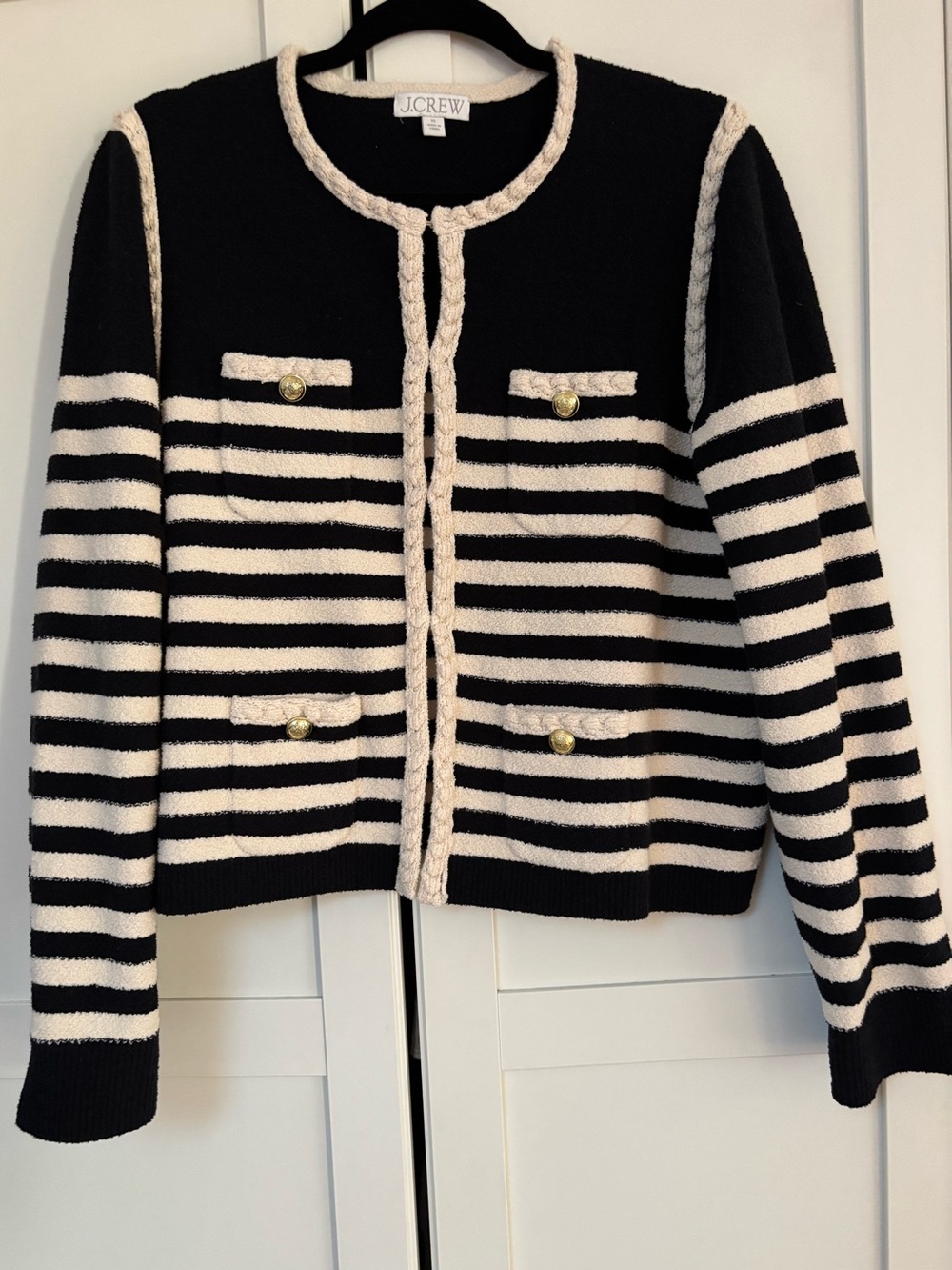 J. Crew Black and Cream Stripes Knit Cardigan with Cream Trim